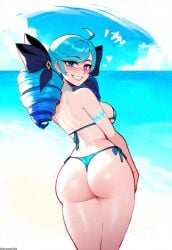 1female 1girls ai_generated anemoi ass ass_focus back_view beach bikini breasts female from_behind gwen_(league_of_legends) league_of_legends long_hair looking_at_viewer looking_back riot_games solo solo_female solo_focus spoken_heart sweatdrop swimsuit