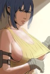 1girls alternate_breast_size artist_request big_breasts blue_eyes blue_hair breasts busty close-up clothed earrings female female_only gloves huge_breasts ikari_warriors king_of_fighters large_breasts leona_heidern light-skinned_female light_skin long_hair looking_at_viewer military pale_skin pov snk solo source_request tank_top tied_hair underboob undressing yellow_clothing yellow_tank_top