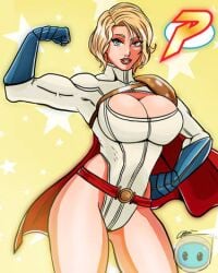 alien alien_humanoid artist_request biceps big_breasts blonde_hair blue_eyes boob_window cleavage_cutout dc dc_comics fit_female huge_breasts kara_zor-l karen_starr large_breasts lipstick muscular_female pose power_girl red_lipstick revealing_clothes skimpy smile superheroine superman_(series) thick_thighs thighs tight_clothing