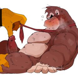 2boys anthro ape blush bowser brown_fur donkey_kong donkey_kong_(series) erection fur furry furry_only gay genitals gorilla hands hyaku_(artist) koopa male mammal mario_(series) necktie nintendo penis primate reptile scales sitting unseen_male_face white_background