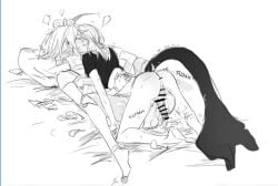 after_sex cecilia_immergreen cuddling cum cum_inside dickgirl gigi_murin hololive hololive_english monochrome on_bed on_top sketch tail