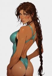 ai_generated ass blush braid braided_ponytail breasts brown_eyes brown_hair clothed clothing competition_swimsuit female from_behind hands_on_hips lara_croft lara_croft_(ai_generated) lara_croft_(classic) large_breasts lips long_hair looking_at_viewer looking_back one_piece_swimsuit pony_diffusion_xl ponytail seductive seductive_look seductive_smile simple_background smile solo swimsuit swimwear tomb_raider very_long_hair white_background