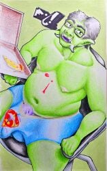 absurd_res belly big_penis bulge chair clothing eyewear food furniture genitals glasses green_body hi_res humanoid male marthan_crowl_(artist) nerd nipples orc orc_male overweight overweight_male penis pizza slightly_chubby slightly_chubby_male solo solo_focus solo_male superman_logo torn_clothing underwear