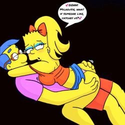 after_transformation bart_simpson bartina_simpson bedroom_eyes genderswap_(mtf) looking_back milhouse_van_houten miniskirt pink_panties ponytail rule_63 skirt_up straddling the_simpsons