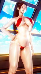 1girls 3d big_ass big_breasts breasts bright_light brown_hair curvy curvy_figure doom4rus fatal_fury female female_focus female_only front_view g-string hair hand_on_hip high_ponytail hips huge_breasts human king_of_fighters large_ass large_breasts legs light-skinned_female light_skin linea_alba long_ponytail looking_down low-angle_view lowleg_bikini lowleg_panties mai_shiranui navel navel_line o-ring red_bikini red_bikini_bottom red_bikini_top red_clothing side-tie_bikini sling_top snk solo sun_glare tied_hair waist wide_hips