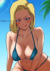 android_18 bikini blonde_hair blue_eyes dragon_ball_z female licking_lips palm_tree sdbh_satopu