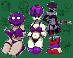 4girls anthro anthrofied bikini bra breasts bulge cleavage cum disembodied_penis doom-shroom_(pvz) female fume-shroom_(pvz) futanari gloom-shroom_(pvz) green_background magnet magnet-shroom_(pvz) medium_breasts multiple_girls navel panties penis plant plant_girl plantie plants_vs_zombies purple_bikini testicles thigh_strap thighhighs thighs thony_690 white_body