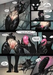 2girls black_body comic corruption english_text female gwen_stacy heroine marvel marvel_comics multiple_girls pussy_juice ripped_clothing sex_toy spider-gwen spider-man_(series) teasing text venom venom_(marvel) vibrator villain voreprank