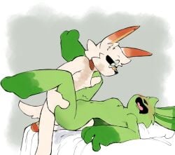 anthro anthro_on_anthro anthro_only bunny commission commissioned commissioner_upload critters_(poppy_playtime) domestic_rabbit excessive_genital_fluids furry_only glasses green_body green_fur green_skin hoppy_hopscotch hoppy_hopscotch_(poppy_playtime) no_humans no_visible_genitalia on_bed pokemon pokemon_(species) poppy_playtime poppy_playtime_(chapter_3) rabbit scorbunny sex sex_on_bed sheepshits smiling_critters tagme