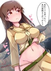 1girls absurdres artist_name baileys_(tranquillity650) blush breasts brown_eyes brown_hair closed_mouth clothes_lift clothes_pull dutch_angle female female_only flashing gold_panties groin heart heartbeat highres kantai_collection kitakami_(kantai_collection) lifting_own_clothes long_hair long_sleeves looking_to_the_side medium_breasts navel neckerchief nose_blush ooi_(kantai_collection) ooi_kai_ni_(kantai_collection) panties panty_pull public public_indecency pulling_own_clothes sailor_collar school_uniform serafuku shirt_lift signature skirt skirt_pull solo solo_female sound_effects speech_bubble stomach translated twitter_username underwear white_neckerchief yellow_panties yellow_sailor_collar yellow_skirt