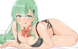 alternate_costume black_bra black_panties blush bow bowtie bra breasts cleavage commentary_request detached_collar female green_eyes green_hair hair_ornament hairclip highres kantai_collection large_breasts licking_lips long_hair looking_at_viewer lying maonatten on_stomach panties red_bow red_bowtie side-tie_panties simple_background solo suzuya_(kantai_collection) tongue tongue_out underwear underwear_only white_background