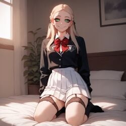 1girls ai_generated artstyle_imitation ass bedroom blonde_female blonde_hair earrings flat_chest green_eyes light-skinned_female naughty naughty_face pale-skinned_female school_uniform schoolgirl seductive seductive_look slut small_breasts straight_hair thiccwithaq_(ai_style) thick_ass thick_legs thick_lips thick_thighs thighs victoria_(xandr) whore xandr