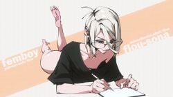 1boy animated ass drawing feet feet_flopping femboy flou flou_(character) gif glasses legs light-skinned_male male_only nipple_piercing nipslip orange_eyes oversized_shirt soles toes white