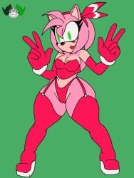 1girls amy_rose bracelet breasts crop_top elbow_gloves female furry garter_straps green_eyes nipples pink_body sega slutwear_(silencioarthub) sonic_(series) thigh_boots thong ultra4rtznsfw