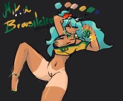 blue_eyes blue_hair bottomless brazilian breasts_out clothed_female hatsune_miku looking_at_viewer seductive_look self_upload tanned tanned_female vocaloid watermark