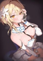 absurdres bare_shoulders blonde_hair blurry blush breasts bridal_gauntlets closed_mouth cum cum_on_hair dress facial female flower genshin_impact hair_flower hair_ornament hand_on_own_cheek hand_on_own_face highres large_breasts looking_at_viewer lumine_(genshin_impact) pomesaurus sexually_suggestive shiny_skin short_hair short_hair_with_long_locks sleeveless sleeveless_dress solo suggestive_fluid white_dress white_flower yellow_eyes