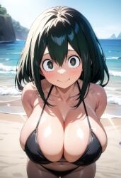 1girls ai_generated beach big_breasts bikini black_bikini black_bikini_bottom black_bikini_top boku_no_hero_academia breasts cleavage female female_focus female_only froppy green_eyes green_hair huge_breasts kemonogirls large_breasts long_hair my_hero_academia ocean smile solo thighs tsuyu_asui