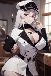 ai_generated akame_ga_kill! calamitas calamity_mod esdeath_(akame_ga_kill!) esdeath_(cosplay) grey_body horns military_hat red_eyes terraria white_hair white_jacket witch