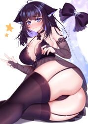 1girls ass black_bra black_hair black_nails black_panties blunt_bangs blush bra breasts bridal_gauntlets cameltoe cheemsartist201 clothed clothing elbow_gloves embarrassed female female_only fingerless_gloves garter_straps ghost_tail gloves huge_breasts indie_virtual_youtuber lifting_skirt light-skinned_female light_skin lingerie nail_polish nekrolina painted_nails panties skirt solo tail thighhighs underwear v virtual_youtuber