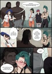 ... 2boys 4girls ? black_hair blue_hair brown_eyes brown_hair color comic crossed_arms dark-skinned_male dark_skin dialogue english_text female female_focus game_freak glare glasses green_hair hetero hoodie juliana_(pokemon) light-skinned_female light_skin male muscular muscular_male nemona_(pokemon) penny_(pokemon) pixiv_username pokemon pokemon_sv racism red_hair rika_(pokemon) straight text wjs07