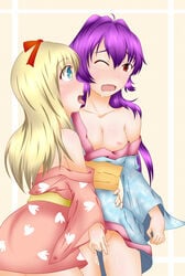 2girls blonde_hair blue_eyes blush breasts brown_eyes clothing female fingering highres licking multiple_girls nipples open_mouth purple_hair ribbon saliva sex sugiura_ayano symbol-shaped_pupils tongue toshinou_kyouko yuri yuru_yuri