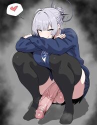 :q absurdres black_skirt black_thighhighs blue_cardigan breasts cardigan closed_mouth crossed_arms erection female full_body futanari grey_eyes grey_hair halo heart highres huge_cock itokonoue_kaoru large_breasts long_sleeves no_shoes penis precum project_kv skirt smile solo spoken_heart squatting testicles thighhighs tongue tongue_out uncensored veins veiny_penis xipa