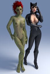 2girls 3d animal_ears bare_shoulders batman:_arkham_city batman_(series) belly black_hair bodysuit boots breasts cap catwoman catwoman_(arkham) catwoman_(arkham_city) completely_naked completely_naked_female completely_nude completely_nude_female dc dc_comics dragonlord720 female full-length_portrait full_length gloves green-skinned_female green_eyes green_skin hat large_breasts long_hair multiple_girls navel nipples pamela_isley poison_ivy poison_ivy_(arkham) poison_ivy_(arkham_city) portrait pussy red_hair rocksteady_studios selina_kyle short_hair source_filmmaker standing unzipped