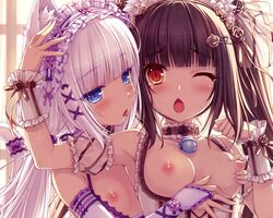 animal_ear bell bell_collar black_hair blush breast_grab breasts catgirl chocola_(sayori) female heart lolita_fashion multiple_girls nekopara nipples one_eye_closed open_mouth rose sayori tail tongue_out vanilla_(sayori) wet white_hair yuri