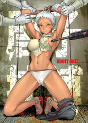 armpits arms_up at_gunpoint bang-you blush breasts cameltoe dark_skin deadman_wonderland feet gun gunpoint karako_koshio kneeling navel panties pointy_chin poking sandals short_hair sideboob silver_hair sweat tan tear underwear very_short_hair weapon white_hair