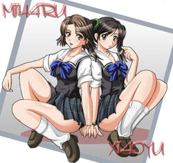 2girls black_hair bow brown_eyes brown_hair ling_xiaoyu miharu_hirano namco open_mouth pointy_chin school_uniform schoolgirls sitting skirt tekken tekken_3 tekken_4 tekken_5_dark_resurrection tekken_tag_tournament tied_hair twintails