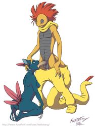 2011 balls breasts claws erection fellatio female hindpaw kattotang male nipples oral oral_sex paws penis plain_background pokemon pokemon_(species) scalie scrafty sex sideboob sneasel straight tongue white_background