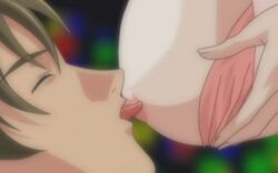 1male animated breast_hold breasts discipline:record_of_a_crusade hayami_takurou large_breasts nipple_licking nipples nishizaki_momone saliva tongue