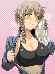 1girls amane_suzuha athletic blush braid breasts cleavage erect_nipples green_eyes grey_hair large_breasts midriff nipple_bulge nipples open_clothes open_shirt pointy_chin pokies shirt solo sports_bra steins;gate sweat toned twin_braids utamaro workout_clothes