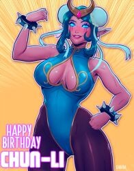 1girls blizzard_entertainment blue_eyes blue_hair cameltoe chun-li_(cosplay) darkra elf_ears facial_markings female female_only glowing_eyes hair_bun hair_buns hand_on_hip happy_birthday hi_res inner_sideboob leotard looking_away lulusa_wildmist night_elf pantyhose pink_skin pointy_ears pose red_lipstick smile solo solo_female spiked_bracelet street_fighter warcraft world_of_warcraft