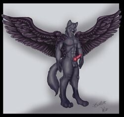 1boy anthro avian balls bird blue_eyes canine feathers hybrid kemonokun looking_at_viewer male male_only mammal muscles nipples nude penis plain_background pose raven_(bird) smile solo wings wolf