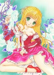 bare_shoulders blonde_hair breasts claire_bennett dress female flower frills green_eyes nipples panties shoes tales_of_(series) tales_of_rebirth