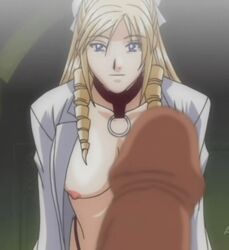 animated blonde_hair blue_eyes breasts collar discipline:record_of_a_crusade drill_hair hayami_takurou lab_coat labcoat long_hair lowres morimoto_leona navel nipples no_bra penis tied_hair twintails uncensored