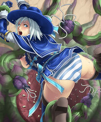 anus armor ass blue_eyes breasts capcom deep_rising female flower hat highres imminent_penetration imminent_rape imminent_tentacle_rape leaf leaves lien_(armor) monster_hunter monster_hunter_frontier nipples panties plant plant_monster plant_tentacle rian tentacle tentacles underwear vagina vines white_hair