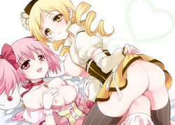 ass blonde_hair bow breasts choker collarbone dress drill_hair female gloves hair_ornament hairbow hat human kyuubee large_breasts madoka_kaname mahou_shoujo_madoka_magica multiple_girls mutual_yuri nipples no_panties open_clothes pink_eyes pink_hair plum_(arch) pussy shirt_pull short_twintails skirt skirt_lift smile soul_gem tied_hair tomoe_mami twin_drills twintails uncensored yellow_eyes yuri