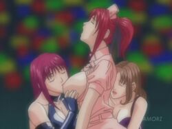 3girls animated bondage bouncing_breasts breast_sucking breasts brown_hair closed_eyes cosplay detached_sleeves discipline:record_of_a_crusade female femdom fingerless_gloves latex long_hair moaning multiple_girls nipple_sucking nipples nishizaki_momone nishizaki_yuri nurse open_mouth purple_hair red_hair riding short_hair straddle tied_hair twintails watermark yuri