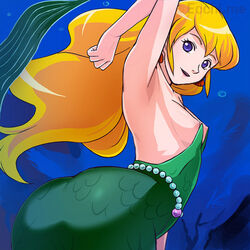 1girls blonde_hair breasts female female_only green_tail haruyama_kazunori jpeg marina_(saban) mermaid nipple_slip nipples saban's_adventures_of_the_little_mermaid small_breasts solo