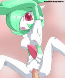 1boy 1girls animated areolae armpits arms_up ass blush breasts breasts_out clitoris female female_gardevoir female_pokemon gardevoir gloves green_hair hair_over_one_eye human interspecies large_breasts male neotg nintendo nipples open_mouth penis pokemon pokemon_(species) pokemon_rse pussy pussy_juice red_eyes sex short_hair spread_legs straight text wet white_skin