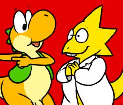 alphys bottomless clothed clothing duo eyewear female glasses lab_coat male mario_(series) nintendo nishi nishi_yoshi penis red_background simple_background undertale vest video_games white_coat yoshi