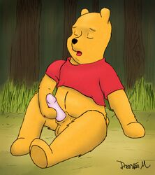 1boy 2018 animal_genitalia animate_inanimate anthro balls bear black_nose closed_eyes clothed clothing detailed_background dildo disney dranton_mason erection forest fur grass handjob hi_res living_plush male male_only mammal masturbation open_mouth outside partially_clothed penis pooh_bear raised_leg sex sex_toy sheath shirt solo straight_hair toony tree winnie_the_pooh_(franchise) yellow_fur