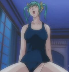 animated bouncing_breasts breasts discipline:record_of_a_crusade green_hair hayami_takurou lowres nonomura_ruri school_swimsuit screencap sex straddle swimsuit swimsuit_aside tied_hair twintails