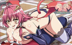 big_breasts blush breasts cum cum_on_body cum_on_breasts cum_on_upper_body cute_fang demon_girl demon_tail demon_wings female garter_belt gloves horns huge_breasts kyonyuu_fantasy lowres male naughty_face paizuri penis pointy_ears red_hair shamsiel shamsiel_shahar straight succubus tail waffle wings