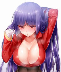 adjusting_hair akira_(natsumemo) armpits bad_id blush breasts cleavage deep_cleavage embarrassed female female_only fully_clothed gloves gym_leader hime_cut human large_breasts long_hair nintendo pokemon pokemon_rgby purple_hair red_eyes sabrina_(pokemon) simple_background solo sweat upper_body white_background