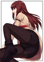 armband ass blue_eyes blush border brown_hair cameltoe fat_mons female highres jacket legwear_under_shorts long_hair makise_kurisu necktie pantyhose profile red_hair shichimenchou shoes shorts simple_background solo steins;gate trefoil