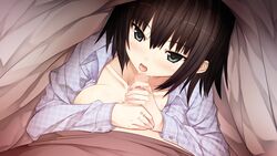 alishima_alice bed black_hair blush censored cura fellatio game_cg hair monobeno open_clothes open_shirt oral penis shirt