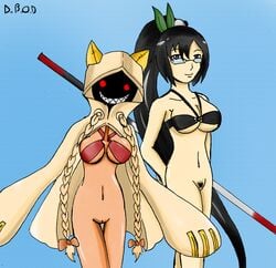 2girls blazblue blazblue:_calamity_trigger blue_background bra dinobirdofdoom litchi_faye_ling medium_breasts multiple_girls no_panties no_sex pigtails ponytail presenting pubic_hair pussy tagme taokaka